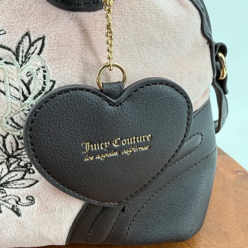 Juicy Couture Pink Velour Black Trim Satchel Crossbody Dome Satchell Bag‎